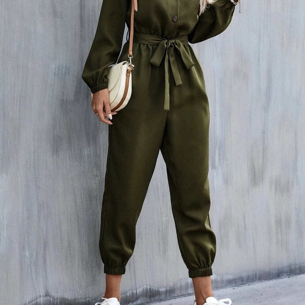 green belted jumpsuit casual classic trending - Picture 5 of 7